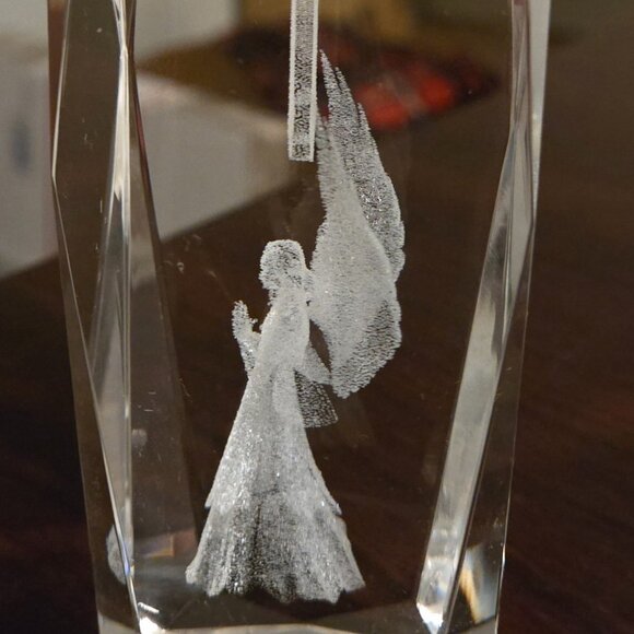 3D Laser Etched Crystal 6" Tall Cross with Angel - Picture 2 of 4
